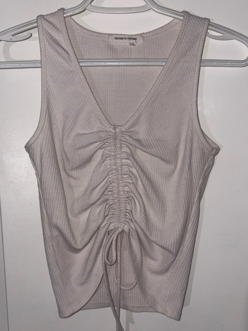Caution To The Wind Ruched V-Neck Tank Top in White
